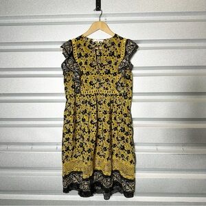 Sea New York Ruffled Midi Dress Yellow Crochet-Trim Floral Print Silk Size 6